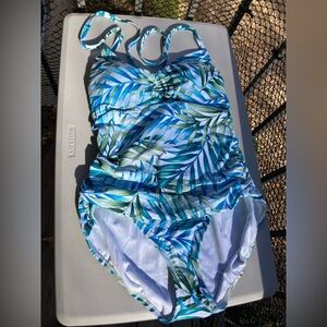 Time & Tru Tropical Palm Tree Leaf Print One Piece Bathing Suit Blue Green White